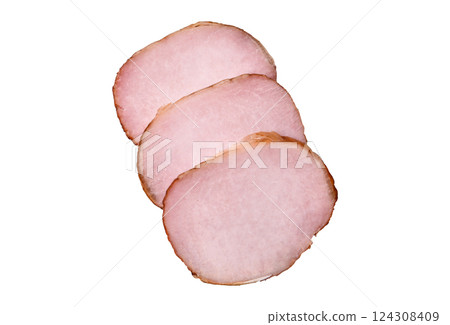 Meat, smoked, ham sliced with salt, spices and herbs 124308409