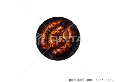 Delicious sausage with salt, spices and herbs Delicious sausage with salt, spices and herbs 124308429