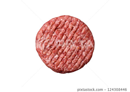 Fresh raw ground beef burger patty with salt and spices Fresh raw ground beef burger patty with salt and spices 124308446