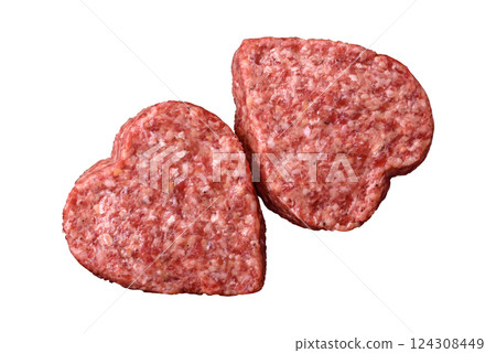 Raw beef or pork burger patty in the shape of a heart Raw beef or pork burger patty in the shape of a heart 124308449