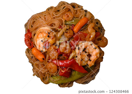 Glass noodles with shrimps and seafood, vegetables, spices and soy sauce Glass noodles with shrimps and seafood, vegetables, spices and soy sauce 124308466