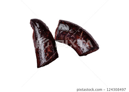 Delicious black blood sausage or black pudding with spices and herbs 124308497