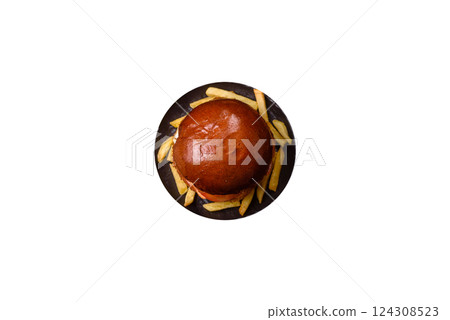 Delicious burger with beef patty, fried egg, bacon, herbs, sauce, salt and spices Delicious burger with beef patty, fried egg, bacon, herbs, sauce, salt and spices 124308523