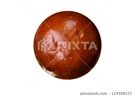 Delicious burger with beef patty, fried egg, bacon, herbs, sauce, salt and spices 124308525