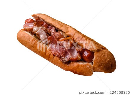 Delicious juicy hot dog with sausage, bacon, sauce, salt and spices 124308530