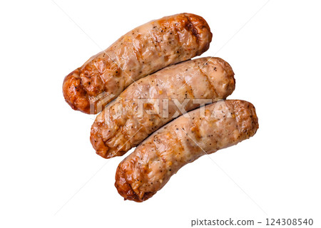 Juicy chicken or pork sausages with salt and spices Juicy chicken or pork sausages with salt and spices 124308540