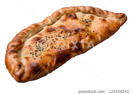 Cheburek meat pastry pie with herbs on the white background Cheburek meat pastry pie with herbs on the white background 124308543