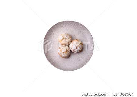 Delicious round freshly baked lemon flavored cookies 124308564