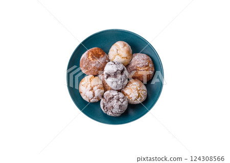 Sweet freshly baked round cookies of several types 124308566