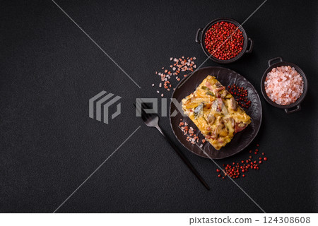 Shepherd's pie with potatoes, meat, vegetables, salt, spices and herbs 124308608