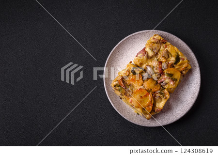 Shepherd's pie with potatoes, meat, vegetables, salt, spices and herbs 124308619