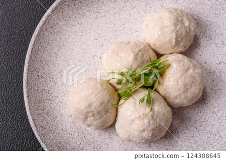 Delicious healthy steamed chicken cutlets or minced meatballs Delicious healthy steamed chicken cutlets or minced meatballs 124308645
