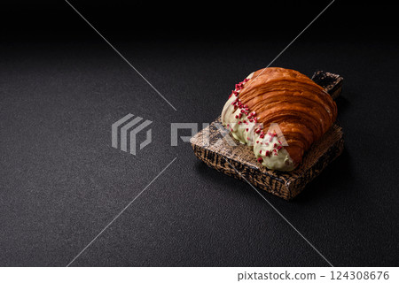 Crispy sweet red croissant with pistachio, raspberry and strawberry Crispy sweet red croissant with pistachio, raspberry and strawberry 124308676