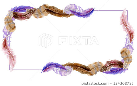 Rectangle frame of different color feathers with different vibrant by watercolor Rectangle frame of different color feathers with different vibrant by watercolor 124308755