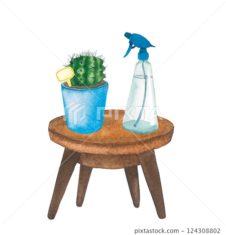 Cactus in a pot and spray bottle on a wooden table hand painted with watercolors. For printing postcards, stickers, for website and social network design, printing on textiles 124308802