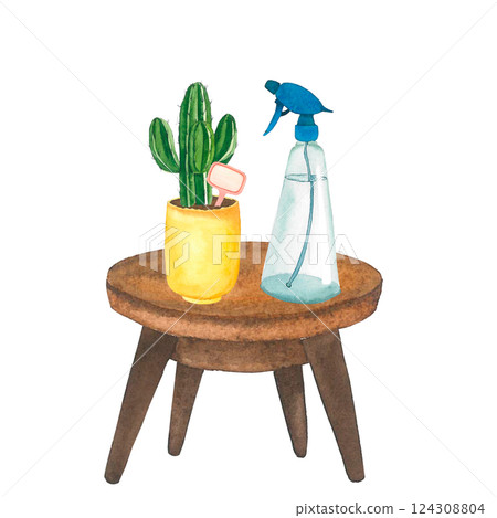 Cactus in a pot and spray bottle on a wooden table hand painted with watercolors. For printing postcards, stickers, for website and social network design, printing on textiles 124308804