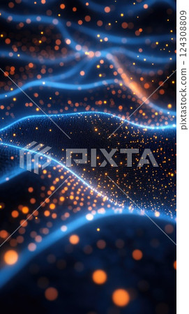 Colorful abstract wave pattern with glowing particles creating a mesmerizing visual effect in a digital space 124308809