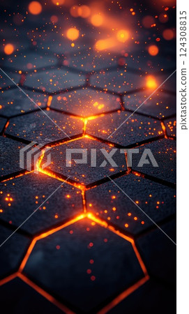 Illuminated hexagonal patterns with glowing lava-like elements during nighttime 124308815