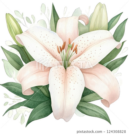 Beautiful watercolor illustration of a white lily surrounded by green leaves and buds in a serene composition Beautiful watercolor illustration of a white lily surrounded by green leaves and buds in a serene composition 124308828