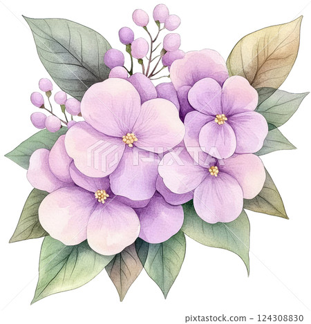 Beautiful watercolor depiction of lavender flowers and green leaves on white background Beautiful watercolor depiction of lavender flowers and green leaves on white background 124308830