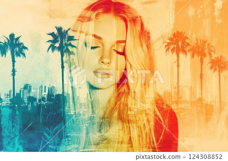 Portrait of a woman with long hair against a vibrant cityscape at sunset, capturing serene beauty and urban life Portrait of a woman with long hair against a vibrant cityscape at sunset, capturing serene beauty and urban life 124308852