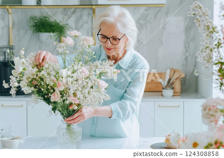 Senior woman arranging fresh flowers in a bright kitchen filled with natural light and greenery 124308858