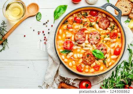 Hearty bean stew with sausage and fresh herbs prepared on a rustic kitchen table 124308862