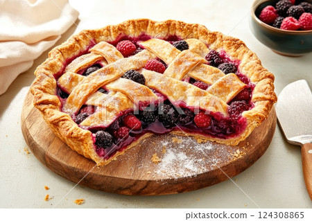 Freshly baked berry pie on a wooden board with a scoop missing reveals colorful filling 124308865