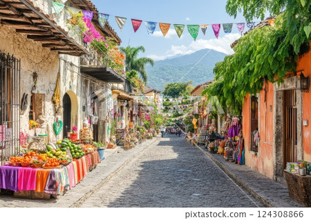 Vibrant street market in an Antigua neighborhood showcasing local produce and crafts under a sunny sky 124308866