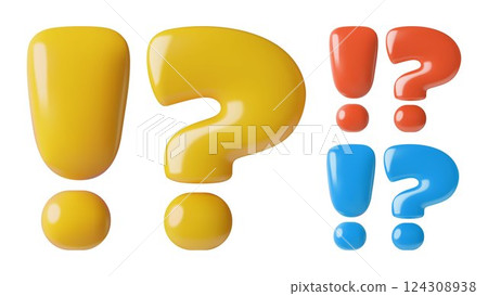 Question mark and exclamation point 3d yellow red and blue vector icons 124308938