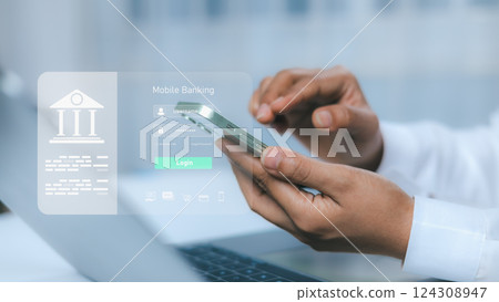 Payment online, Finance innovation technology online, E-Banking, Smart fintech service, Businessman use smartphone connecting online banking applications, Cyber security financial and investment. Payment online, Finance innovation technology online, E-Banking, Smart fintech service, Businessman use smartphone connecting online banking applications, Cyber security financial and investment. 124308947