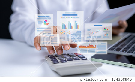 Businesswoman using laptop performance indicator dashboard, Business development leading to success, Economic growth and business growth chart analysis, Market research and strategic planning. Businesswoman using laptop performance indicator dashboard, Business development leading to success, Economic growth and business growth chart analysis, Market research and strategic planning. 124308949