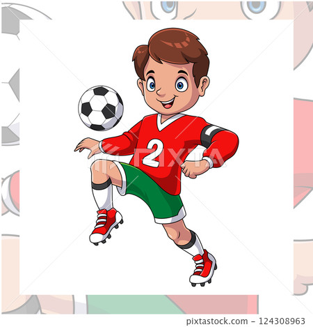 Cartoon little boy playing a football Cartoon little boy playing a football 124308963