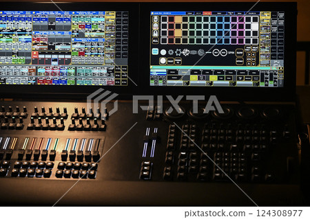 Control panel for lighting design in a stage production during a rehearsal at a theater venue in the Control panel for lighting design in a stage production during a rehearsal at a theater venue in the 124308977