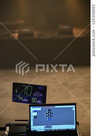 Monitoring sound level during a concert in real-time using audio equipment and software with a 124308983
