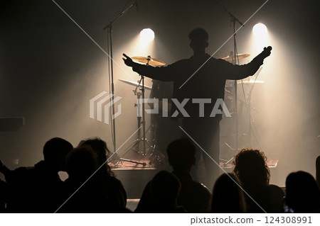 Exciting concert performance with energetic crowd and expressive musician under dramatic stage Exciting concert performance with energetic crowd and expressive musician under dramatic stage 124308991