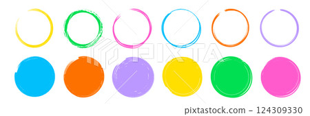 Brush color paint texture circle hand drawn element set. Hand drawn brush stroke round stamp line frame. Texture stroke circle background. Abstract stain grunge style. Vector Brush color paint texture circle hand drawn element set. Hand drawn brush stroke round stamp line frame. Texture stroke circle background. Abstract stain grunge style. Vector 124309330