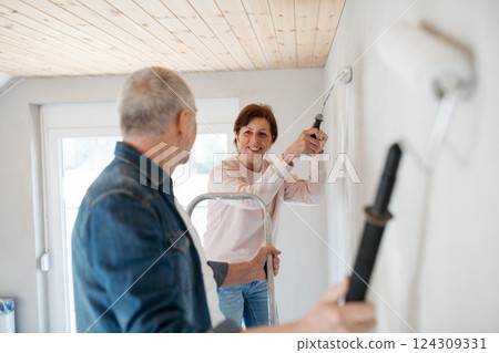 Senior couple renovating their home, a shared retirement activity. 124309331