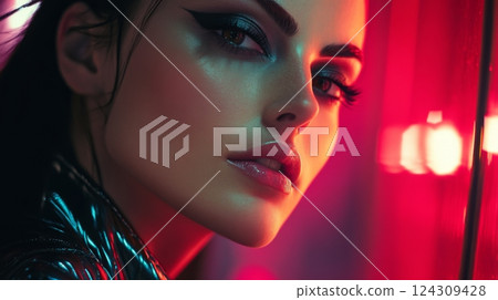 Stunning beauty illuminated by neon lights. Capturing the essence of modern art in portrait photography. An intriguing look with striking makeup and smooth skin. Generative AI 124309428