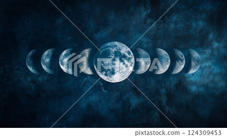 A stunning depiction of the lunar phases in a cosmic setting. This image captures the beauty of the moon in detail. Explore the artistry of astronomy. Generative AI 124309453