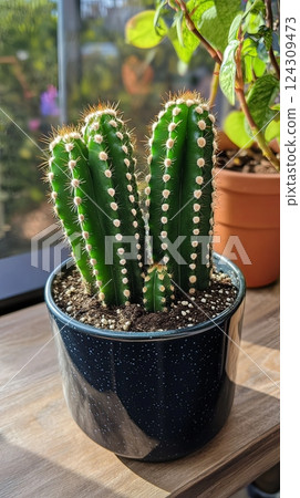 A vibrant cactus trio thrives in a cozy indoor setting. Green spikes contrast beautifully with a dark pot. Perfect for plant lovers and decor enthusiasts. Generative AI 124309473