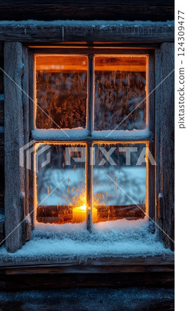 Warm light glows from a cozy window surrounded by winter vibes. Cold snowflakes fall creating a serene atmosphere. This scene invites warmth. Generative AI 124309477