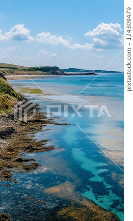 Stunning view of a serene coastline with turquoise waters and golden sands. Perfect for travel and nature enthusiasts. Experience the beauty of the seaside. Generative AI 124309479