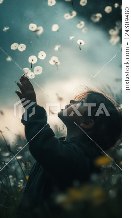 A young girl marvels at dandelion fluff floating in the air. Nature inspires wonder and joy. Captured moments connect us to the beauty around us. Generative AI A young girl marvels at dandelion fluff floating in the air. Nature inspires wonder and joy. Captured moments connect us to the beauty around us. Generative AI 124309480