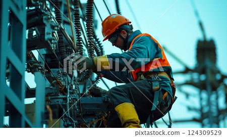 An industrious worker skillfully maintains electrical equipment high above the ground. Safety gear is crucial for this vital task. Electricity powers our world. Generative AI 124309529