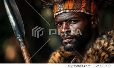 A striking portrait of a warrior exuding strength and confidence. The intricate details of the attire reflect a rich cultural heritage. Explore the beauty of tradition. Generative AI 124309542