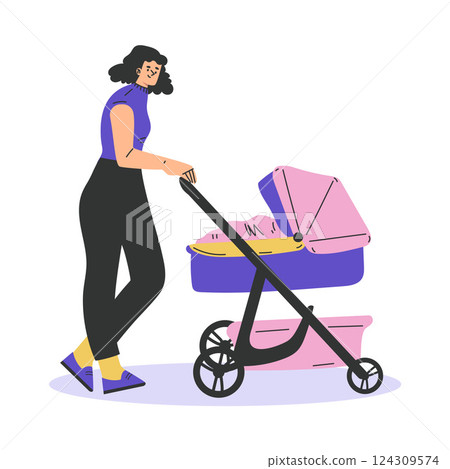 Young Woman Parent Walking with Baby Carriage Vector Illustration 124309574