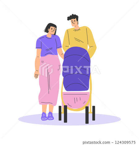 Young Man and Woman Parent Walking with Baby Carriage Vector Illustration Young Man and Woman Parent Walking with Baby Carriage Vector Illustration 124309575