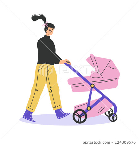 Young Woman Parent Walking with Baby Carriage Vector Illustration Young Woman Parent Walking with Baby Carriage Vector Illustration 124309576