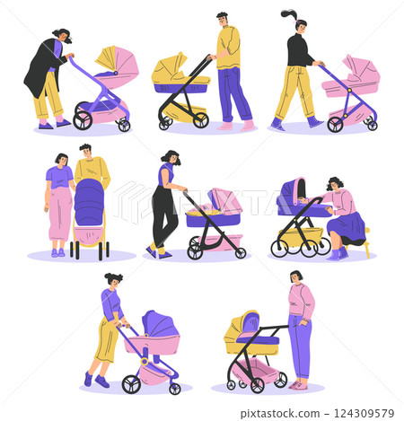 Young Parents Walking with Baby Carriage Vector Set 124309579